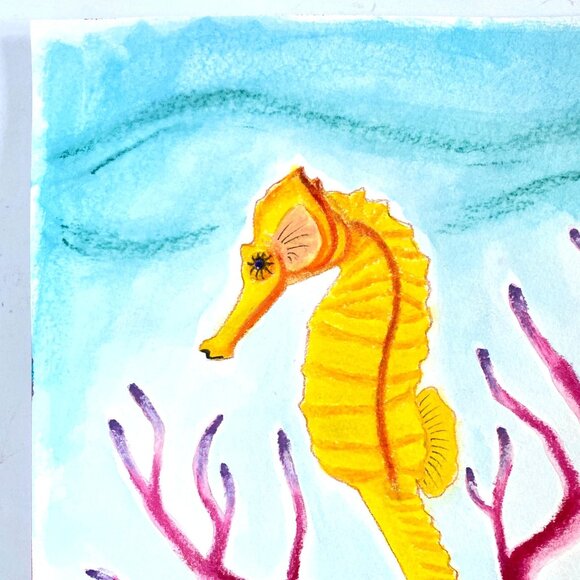 Yellow Seahorse Underwater Original Painting Acrylic Wall Art 11x14in Matted - Picture 4 of 10
